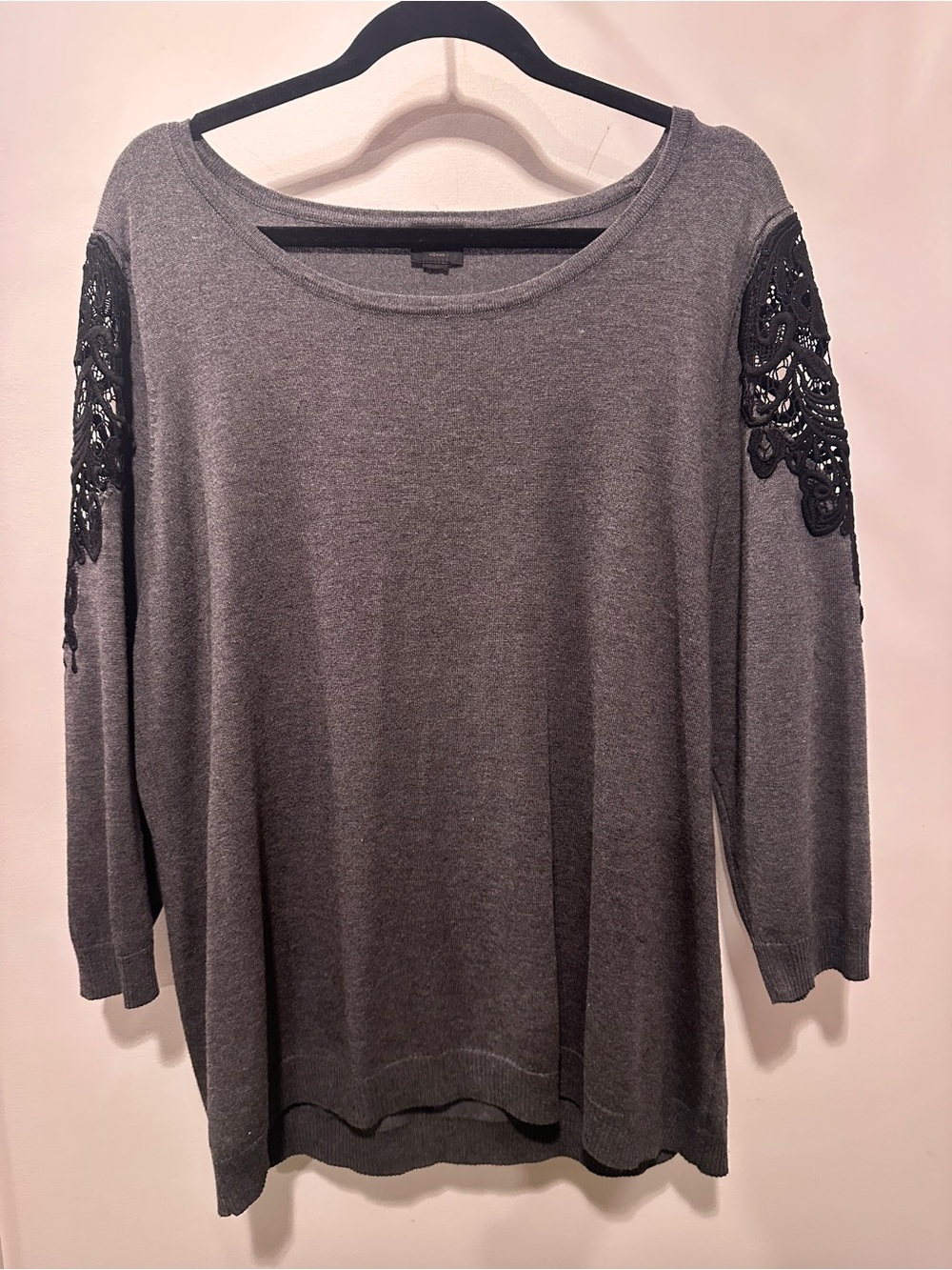 Worthington Charcoal Scoop Neck Sweater with Black Lace Appliqué 1X